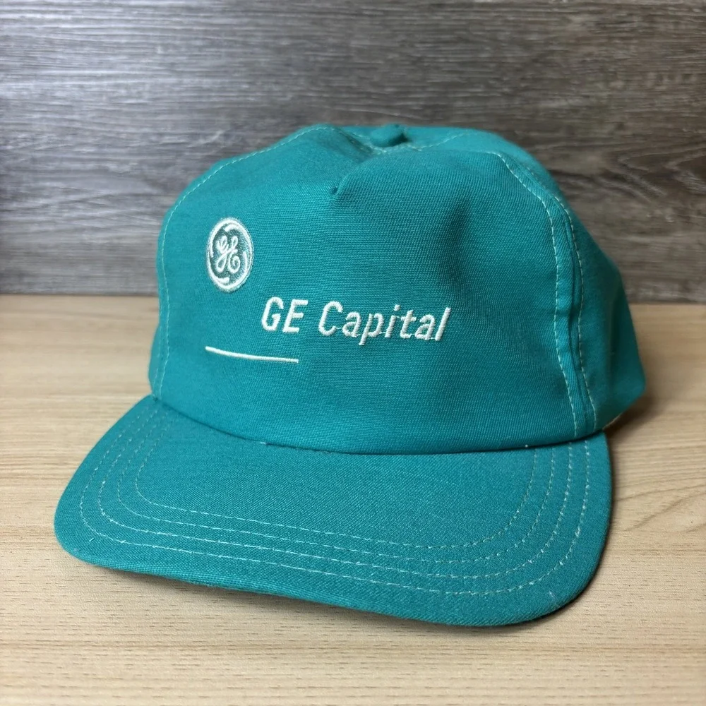 Vintage GE Capital Hat Cap Strap Back Teal Green Embroidered Promo Mens 90s